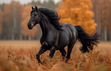 A majestic mustang horse with a rich sorrel coat gallops through a vibrant autumn field, its powerful mane flowing in the wind as it races towards a lone tree