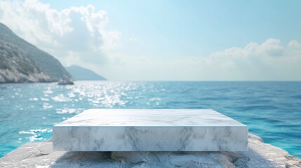 A solitary white marble platform stands against a backdrop of clear blue skies and rolling azure waves, a testament to the beauty and grandeur of nature's coastal landscape