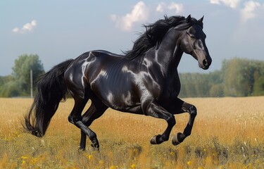 A majestic sorrel mustang horse gallops through a sun-kissed field, its flowing mane and powerful stride embodying the wild spirit of nature