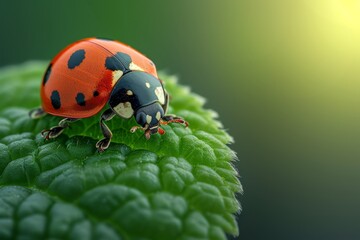 Fototapeta premium A vibrant red ladybug perches delicately on a lush green leaf, a charming invertebrate amidst the outdoor grass, showcasing the beauty of macro photography and reminding us of the complexity of the t