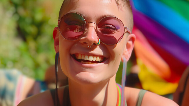 Joyful person with rainbow accessories at Pride Parade