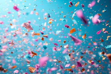 Fototapeta na wymiar A vibrant explosion of aqua-hued confetti fills the air, creating a playful and fluid atmosphere reminiscent of colorful bubbles floating in water