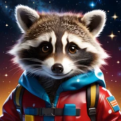 Deurstickers Imagine stumbling upon the most adorable and fluffy baby raccoon you've ever seen, but with a twist: it's floating in outer space, surrounded by a dazzling backdrop of stars. This little critter, with © bulent