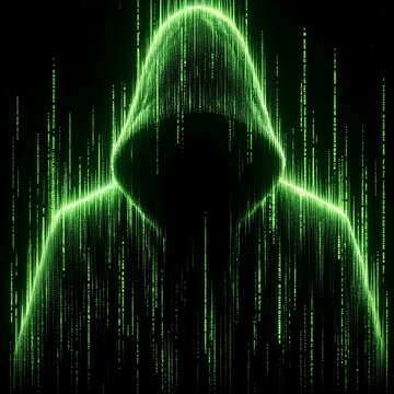 A silhouette of a hacker formed entirely by green code in the style of the Matrix movie. The hacker is set against a pitch-black background