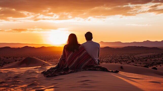 young couple sitting and hugging at desert and looking at sunset, man and woman contemplate sunrise at nature