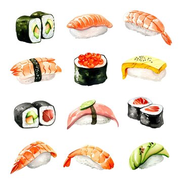 Tasty sushi set watercolor paint