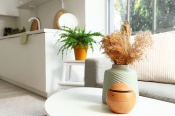 White coffee table with pampas grass and wooden humidifier in modern kitchen, closeup