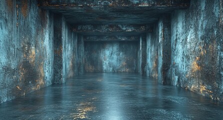 An ominous cave, its concrete walls and floor evoking a sense of confinement and foreboding in the dimly lit room