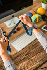 A person using resistance bands for strength training at a desk.