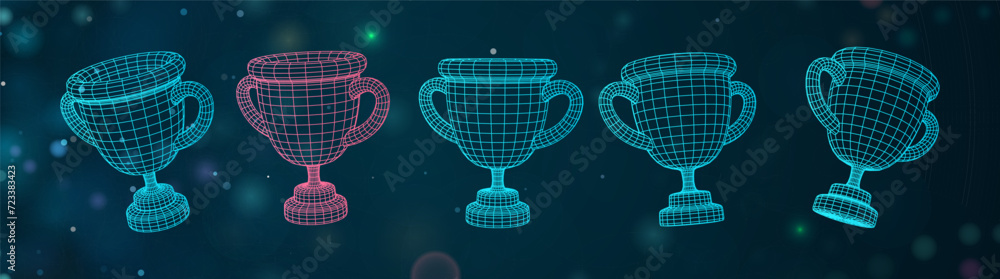 Wall mural champion cup 3d icons collection. mesh grid winner goblet vector design elements set. three-dimensio