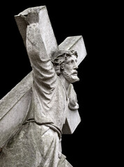 Jesus Christ under the cross. Suffering, pain on the face