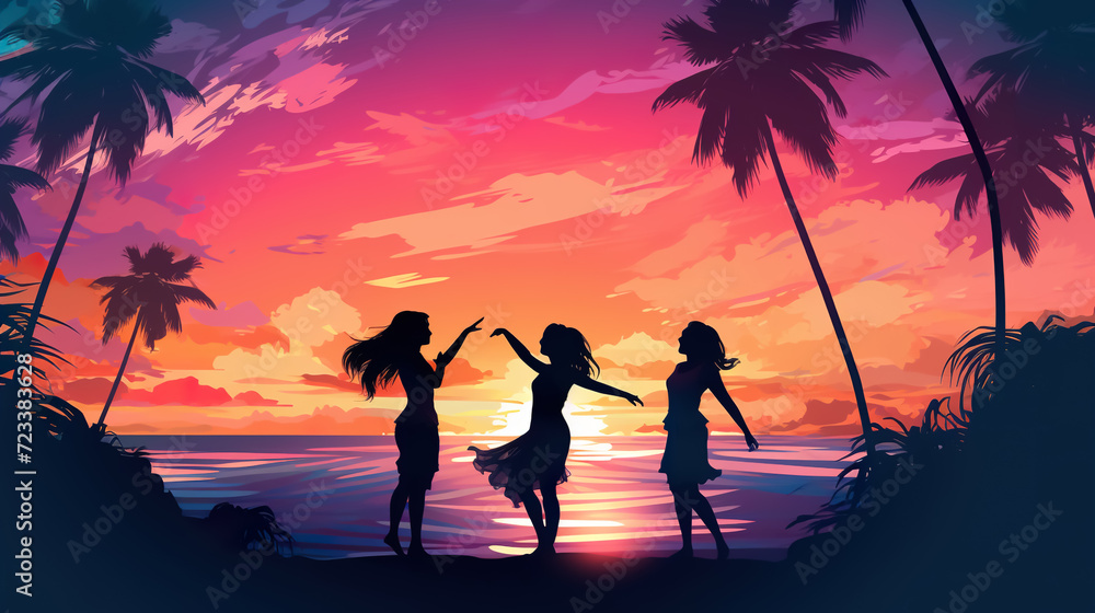 Wall mural silhouette of happy women friends dancing at beach party at sunset, joyful group of female celebrate on vacation