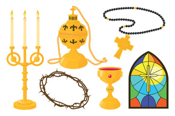 Set of religious elements in cartoon style. Vector illustration of Christian elements: candlestick, crown of thorns, incense, rosary, cup of wine, stained glass window isolated on white background.