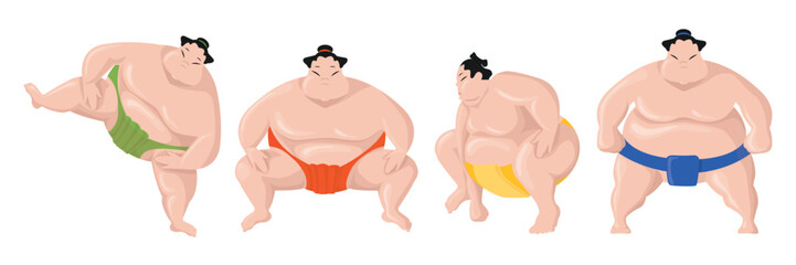 Set of sumo wrestlers in cartoon style. Vector illustration of traditional Japanese sumo fighters in different poses and emotions isolated on white background.