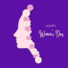 International Women's Day greeting card, vector illustration. Silhouette of woman on purple background with flowers