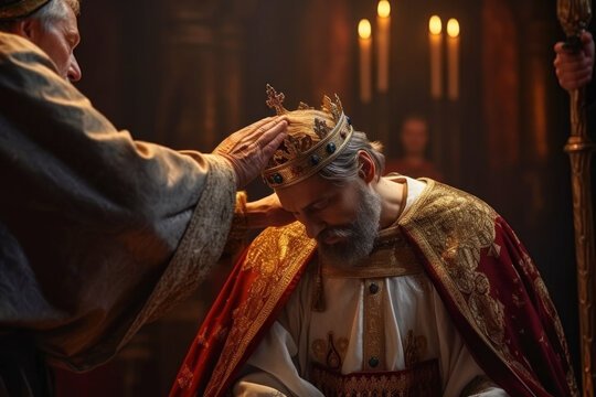 Karl der Gro&szlig;e Charlemagne receiving his golden crown during his coronation (generative AI)