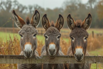 A curious group of burros and mules stand tall, surveying the vast outdoor field, their terrestrial presence contrasting against the delicate blades of grass, while a sturdy fence separates them from