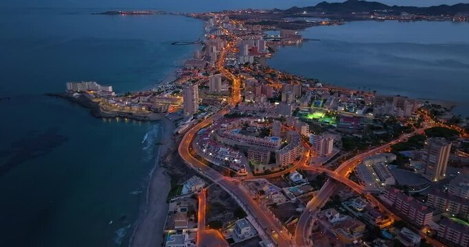 Aerial view of La Manga del Mar Menor at night, Region of Murcia, Spain