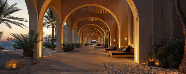 getaway destination of luxury resort hotel or palace garden landscaping design with arcade arcs and pool water feature for Arabia classic exotic tourism architecture design as wide banner