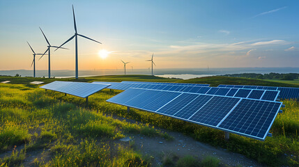 Green Energy Landscape: Solar Panels and Wind Turbines in Harmonious Coexistence