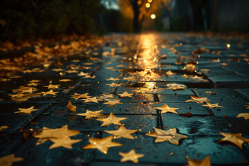 Autumn Leaves on Wet Cobblestone Path. Seasonal Fall Concept for Outdoor Textile Design and Natural Wallpaper Background
