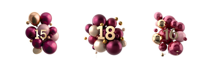 collection of balloons and ribbons celebration confetti decoration cutout on png transparent background with numbers 15 and 18 and 16 for sixteen, eighteen and fifteen birthday greeting party