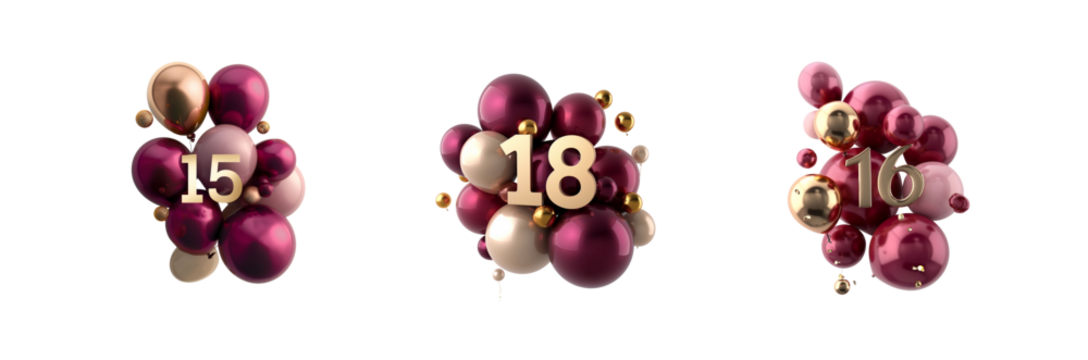 collection of balloons and ribbons celebration confetti decoration cutout on png transparent background with numbers 15 and 18 and 16 for sixteen, eighteen and fifteen birthday greeting party - Powered by Adobe