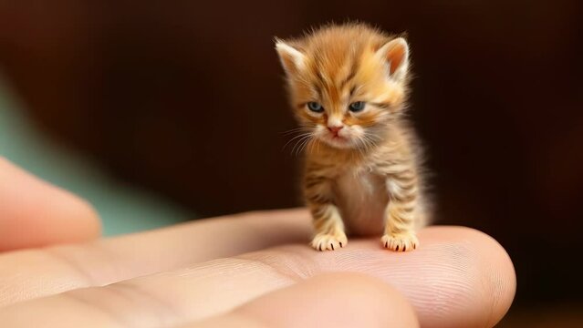 tiny small cat sitting on a finger tip