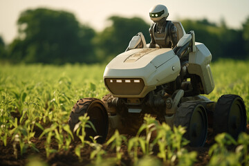 Robot farmer on modern futuristic tractor driving on field with green plants, sunny summer day, smart agriculture