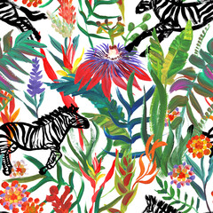 Seamless pattern with running zebras and bright tropical flowers drawn in a painterly style for summer textiles and design