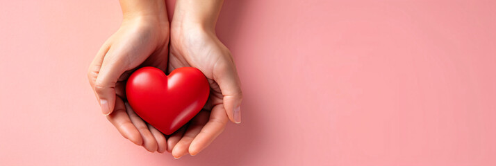 Hands Cradling Red Heart. Giving and Sharing Love Theme on Soft Pink Background for Invitation and Poster Design