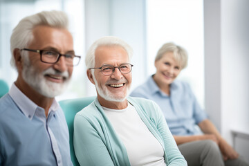 Fototapeta na wymiar Three elderly smiling gray-haired people looking at camera in light modern interior