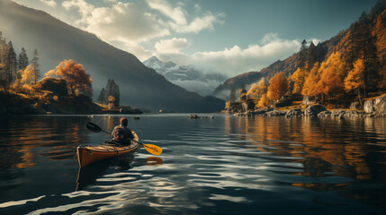 One unidentified individual paddle a canoe on a picturesque lake, with towering mountains providing a stunning backdrop.