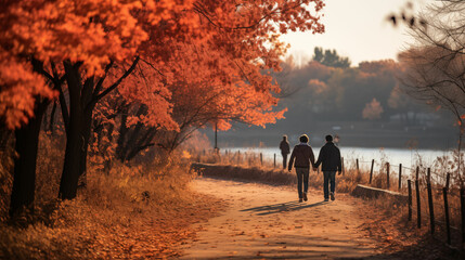 Old man and a woman walking together through a lush autumn forest filled with trees and yellow vegetation. Rear view.