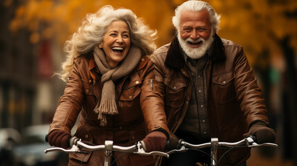 Happy Activity for Old Man and Woman Riding on the Bikes. Generative AI. - obrazy, fototapety, plakaty