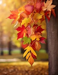 Naklejka na ściany i meble Autumn colorful bright leaves swinging in a tree in autumnal park. Autumn colorful background, fall backdrop Generative Ai