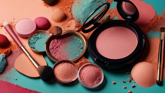 different makeup cosmetics on a color background modern