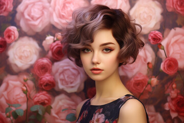 Portrait of beautiful women with short haircut on the roses background