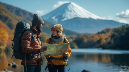 A young couple bearded international travel in Fuji japan landmark is navigating map,generative ai - Powered by Adobe