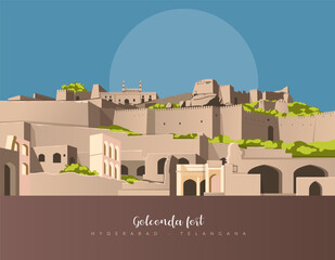 Golconda  Fort - Hyderabad - Stock Illustration - obrazy, fototapety, plakaty