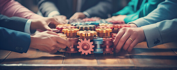 Men hands connecting cog wheels on the table indoors. Concept of the teamwork and cooperation in business. - obrazy, fototapety, plakaty