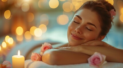 Obraz na płótnie Canvas Caucasian woman customer enjoying relaxing anti-stress spa massage and pampering with beauty skin recreation leisure, generative ai