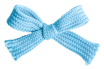 Blue bow made of thick knitted material on a blank background