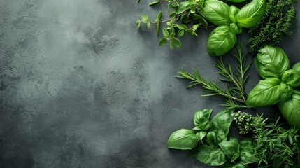 Rustic culinary flatlay countertop background for text with herbs for cooking. Product mockup scene creator. - obrazy, fototapety, plakaty