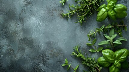 Rustic culinary flatlay countertop background for text with herbs for cooking. Product mockup scene creator. - obrazy, fototapety, plakaty
