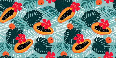 Seamless pattern with tropical fruits, papaya, flowers, palm leaves, monstera. Summer exotic jungle print. Vector graphics. - obrazy, fototapety, plakaty