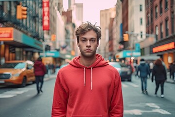 Fototapeta premium Young man walking through the streets of New York City in a red hoodie. Blurred background with the city.