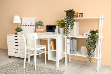 Interior of stylish office with workplace, shelf unit and drawers