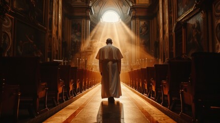 pope or high priest entering a church - obrazy, fototapety, plakaty