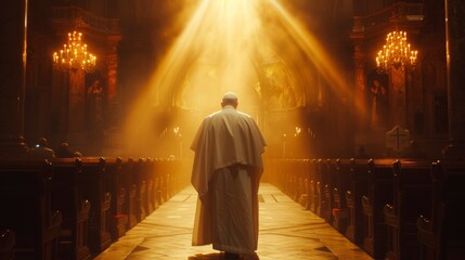 pope or high priest entering a church through a hallway with a ray of light - obrazy, fototapety, plakaty